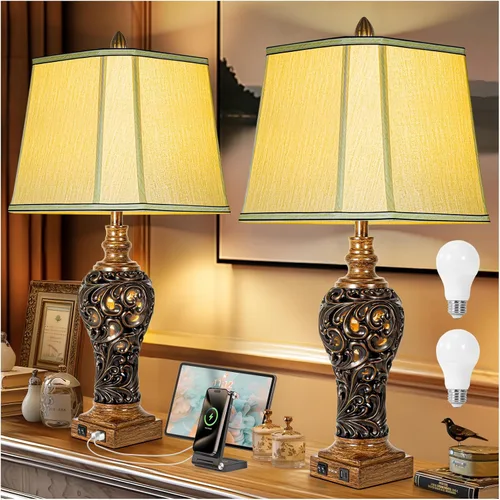 Vista 13 de Juego de 2 lámparas de mesa de noche con luz nocturna y puertos USB A+C, lámparas de mesa vintage de 27" de alto con acabado de hoja de plata