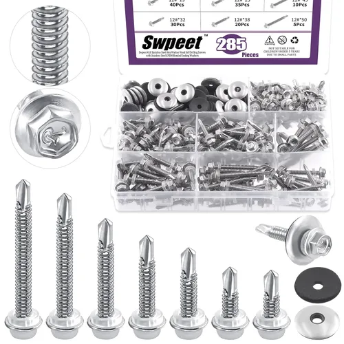 Vista 9 de Swpeet 285 tornillos autoperforantes de acero inoxidable 410 #8 con cabeza hexagonal de arandela con acero inoxidable de neopreno EPDM, kit surtido