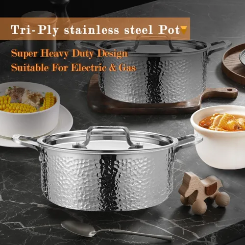Vista 8 de Vivicreate Olla de acero inoxidable de tres capas, olla de cocina profunda con exterior martillado, compatible con todas las estufas, distribución