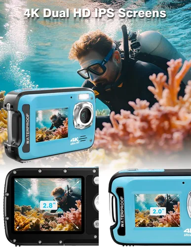 Vista 4 de Cámara subacuática 4K 48MP Autofocus Selfie Cámara impermeable de doble pantalla con correa flotante y tarjeta de 32 GB, cámara digital compacta