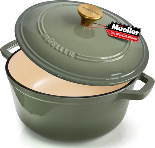 Vista 10 de MUELLER HOME Horno Holandés de Hierro Fundido Esmaltado de 4.5 QT, Cacerola de Servicio Pesado y Sartén Braseadora con Tapa y Perilla de Acero