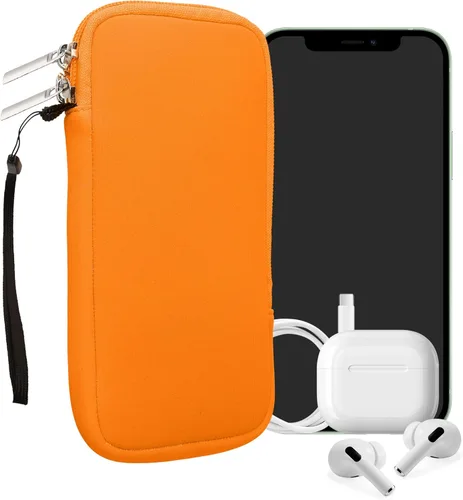 Vista 22 de kwmobile Bolsa de neopreno para teléfono tamaño XL - 6.7/6.8 pulgadas - Funda universal para celular con cremallera, correa para la muñeca, amarillo