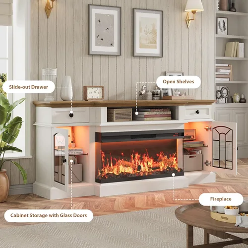 Vista 9 de QUW - Soporte de TV con chimenea estilo granja de 70" para televisores de hasta 80", centro de entretenimiento con chimenea eléctrica de 36" de 3