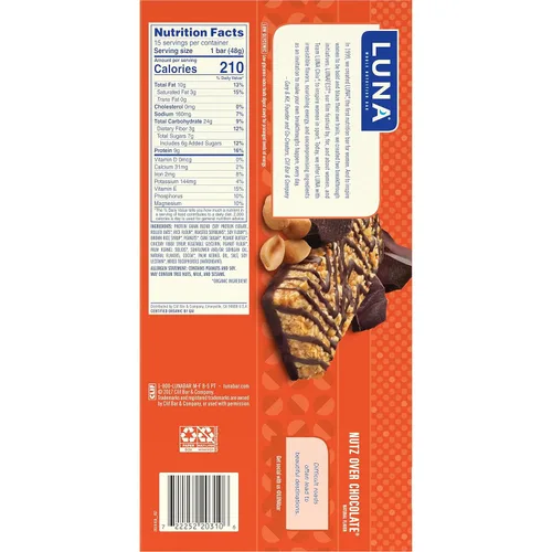 Vista 16 de LUNA Bar - Nutz Over Chocolate Flavor - Gluten-Free - Non-GMO - 7-9g Protein - Made with Organic Oats - Low Glycemic - Whole Nutrition Snack Bars
