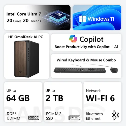 Vista 2 de HP OmniDesk M03 Business AI PC de sobremesa, Intel Core Ultra 7 265 (>i7-14700), 8 GB DDR5 RAM, 512 GB SSD, 4 monitores compatible con 4K, KB