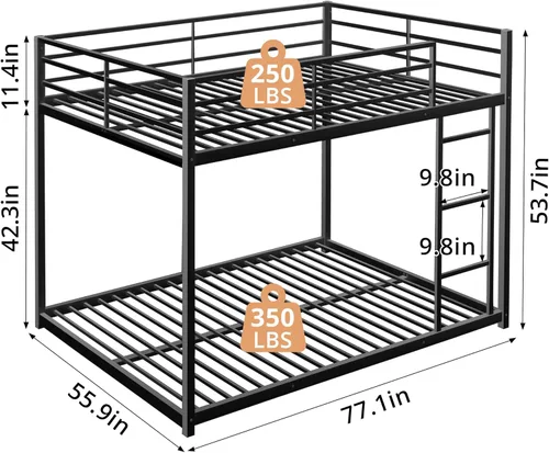 Vista 2 de INCLAKE Litera de tamaño matrimonial sobre matrimonial, base de cama de metal resistente con escalera integrada y riel de protección de seguridad