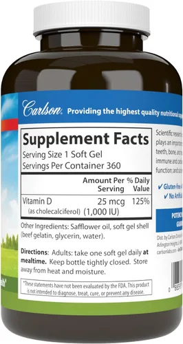 Vista 2 de Carlson - Vitamina D3, 1000 UI (25 mcg), salud ósea, salud muscular, colecalciferol, suplementos de vitamina D, geles blandos de vitamina D3, 360