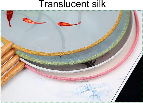 Vista 2 de Ventilador de mano bordado de seda translúcida, ventilador redondo chino, ventilador de mano antiguo, ventilador de baile tradicional de palacio