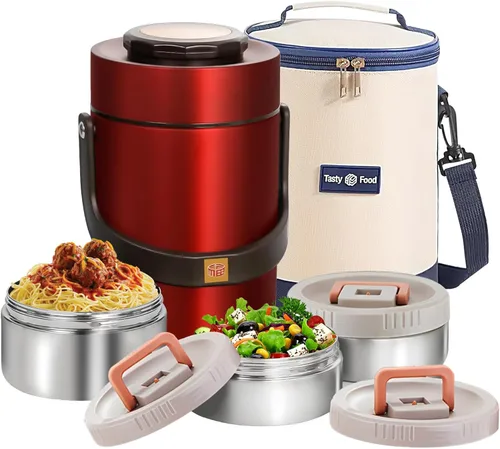 Vista 9 de Termo mejorado de 67 onzas para comida caliente, termo apilable de 3 capas, tarro de sopa con bolsa aislante, ideal para oficina, comidas al aire