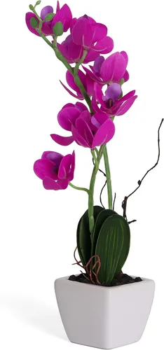 Vista 10 de Planta de orquídea artificial en maceta, decoración realista de orquídea rosa intenso (1)