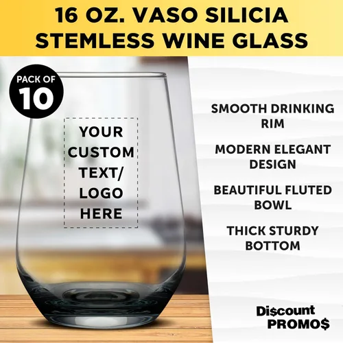 Vista 3 de DISCOUNT PROMOS Juego de copas de vino de Silicia de 10 vasos sin tallo, 16 onzas, texto personalizado, logotipo, transparente, similar a un orbe