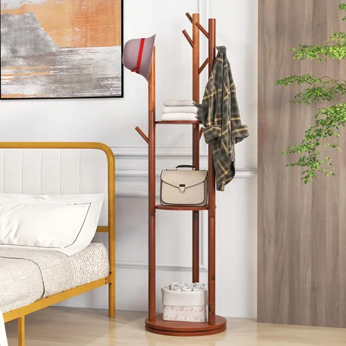 Vista 9 de Giantex Perchero independiente, árbol giratorio de madera con 3 estantes de almacenamiento y 9 ganchos, bordes redondeados y base ancha, soporte