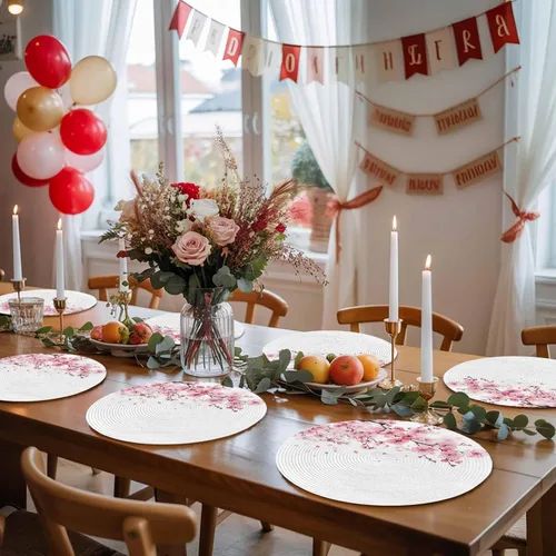 Vista 8 de Round Placemats Set of 4 Pink Floral Place Mats Washable Woven Placemat Cherry Blossom Sakura Flower Tree Branch Circle Braided Table Mat for