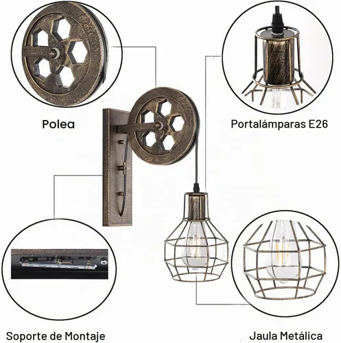 Vista 6 de 1 Luminaria Industrial de Mediados de Siglo Retro de Hierro para Pared con Polea Elevadora, Lámpara de Pared que Presenta Pantalla de Jaula