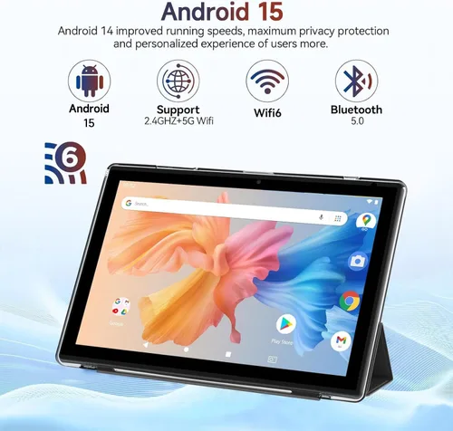 Vista 2 de Tablet Android 15 de 10 pulgadas, 12GB RAM+64GB ROM+1TB expandible, tabletas 2 en 1 con teclado/estuche/ratón/lápiz óptico, procesador de cuatro