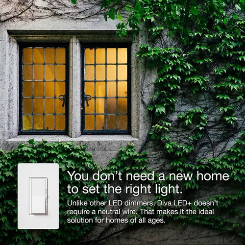 Vista 7 de Lutron Diva LED+ Interruptor Regulador de Luz para Bombillas LED Regulables, Halógenas e Incandescentes, 150 Vatios, Unipolar o 3 Vías, Almendra