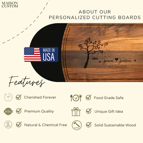 Vista 3 de Tabla de cortar personalizada de madera hecha a mano en Estados Unidos, idea de regalo única de boda para parejas, aniversario, Navidad, despedida