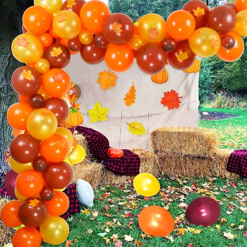 Vista 3 de Juego de 207 guirnaldas de globos de otoño, globos de látex de color otoño de 12 pulgadas y 5 pulgadas con hojas de arce artificiales, decoraciones