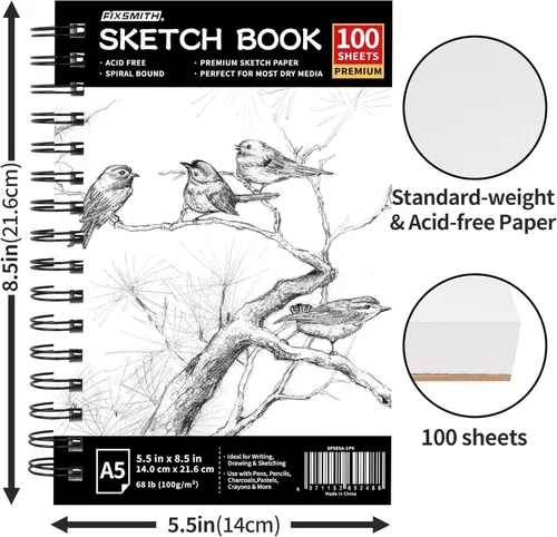 Vista 3 de FIXSMITH Cuaderno de bocetos de 5.5"X8.5" 100 hojas (68 lb/100gsm) Cuaderno de bocetos Papel de dibujo libre de ácido Bloc de bocetos