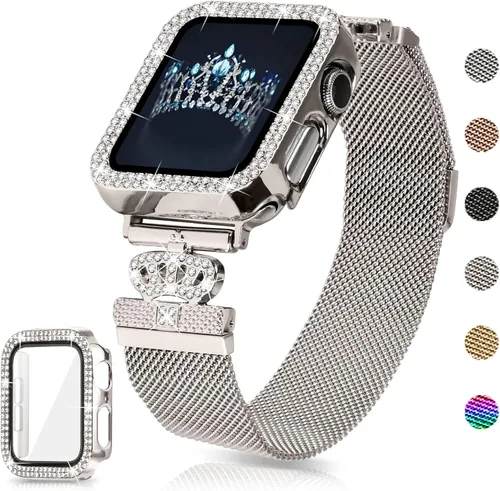 Vista 9 de Correa magnética compatible con Apple Watch 38mm 40mm 41mm 42mm 44mm 45mm 46mm, correa de metal de acero inoxidable con funda brillante y protector