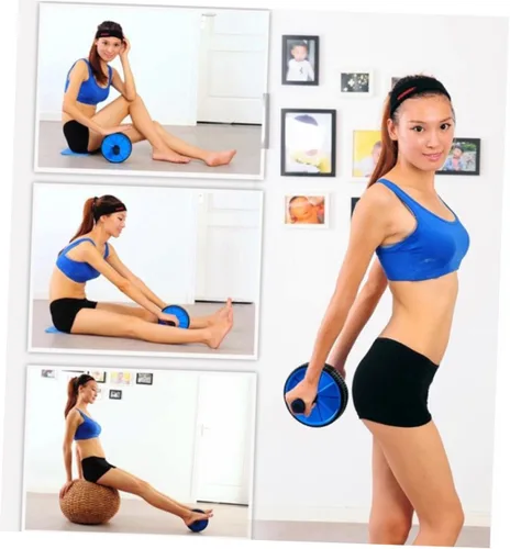 Vista 4 de BESPORTBLE Rodillo de ejercicio abdominal de doble rueda para entrenamiento abdominal y quema de grasa, rueda abdominal azul para gimnasio en casa