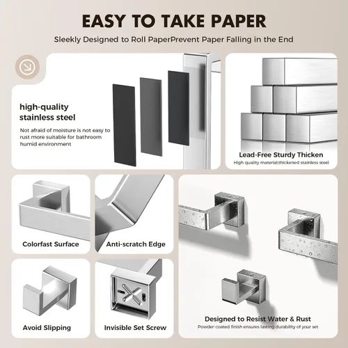 Vista 7 de Juego de accesorios de baño con barra de toallas: 5 piezas de hardware de baño de níquel cepillado cuadrado de acero inoxidable SUS304 - 61 cm