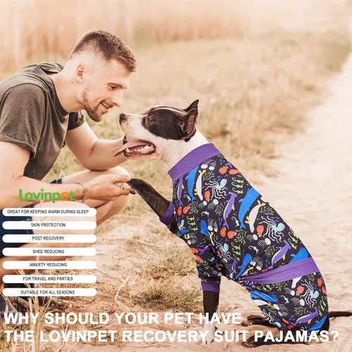 Vista 8 de LovinPet Pijama grande para perros grandes, mameluco posoperatorio para razas de perros grandes, rayas reflectantes, tejido elástico ligero