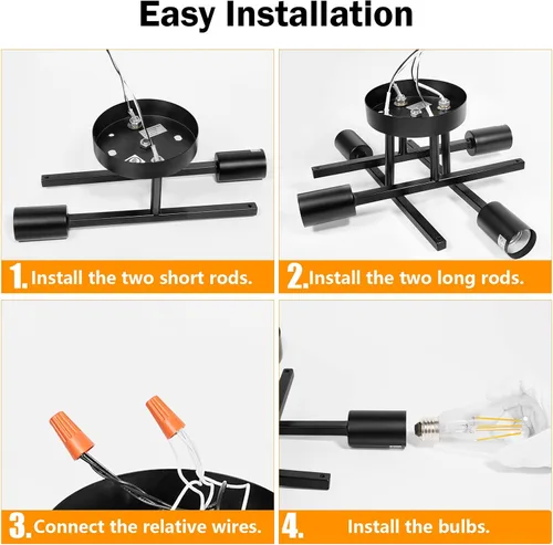 Vista 7 de Lomoky Lámpara industrial de techo semiempotrada de 4 luces, moderna lámpara negra cerca del techo, lámpara de techo de granja para pasillo, cocina