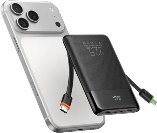 VEGER Cargador portátil con cables incorporados, batería externa de 10,000 mAh delgada, carga rápida PD de 22.5 W, banco de energía USB C, 4 salidas