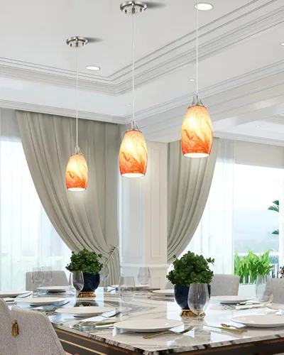 Vista 5 de Mini luces colgantes de cristal artístico para isla de cocina, pantalla colgante de vidrio de mármol con acabado de níquel cepillado, luces