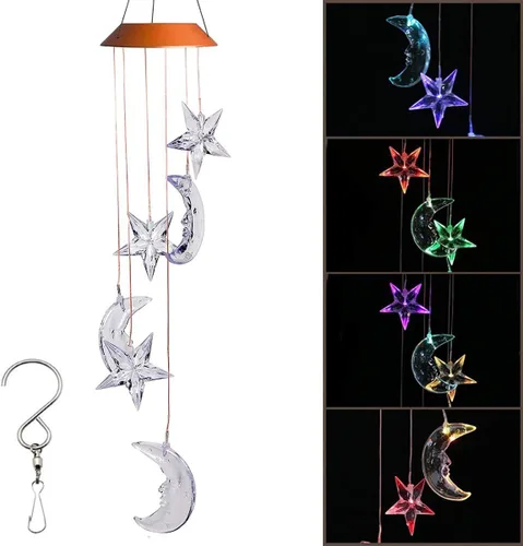 Campanilla de viento LED solar de luna y estrella, cambiante de color, impermeable, seis luces colgantes, campanillas de viento, móvil solar para