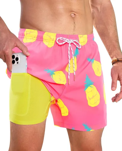 Vista 12 de Gleeease Traje de baño para hombre de 5 pulgadas con forro de compresión, bolsillos, cordón, secado rápido, elástico, divertido, playa, natación