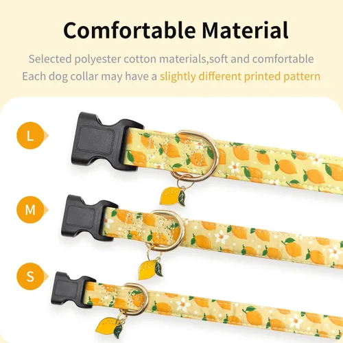 Vista 4 de Collar de perro de algodón, suaves y lindos collares para cachorros con diseño de patrón de limón para perros hembra y macho, collar ajustable
