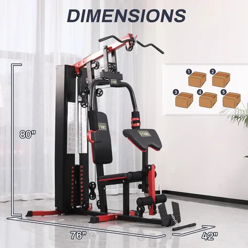 Vista 4 de Fitvids Home Gym Equipment, Multifunctional Full Body Workout Weight Machine Station with Weight Stack, All in One Exercise Equipment with Pulley