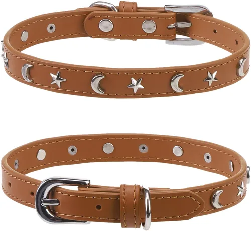 Vista 15 de Collar de cuero para perros pequeños y medianos, collar ajustable con remache de estrella y luna con hebilla de metal inoxidable y dijes, collares