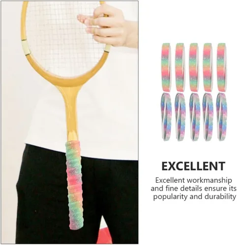 Vista 9 de INOOMP Cinta de agarre de raqueta de tenis, color arcoíris, cinta de agarre de bádminton, antideslizante, absorbente, sudor, poliuretano, mango