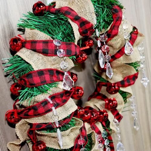 Vista 4 de Jishi Guirnalda de Cinta a Cuadros Búfalo Rústica - 6 Yardas con Cascabel y Adornos de Campana de Trineo de Metal