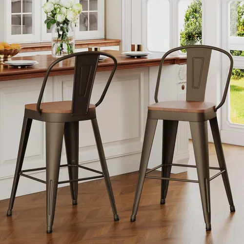 Vista 14 de ALISH Juego de 2 taburetes de bar industriales de 24 pulgadas, taburetes de bar de metal con respaldo alto y asiento grande de madera, taburetes