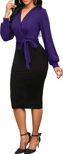 Vista 2 de Runwind Vestido de tubo ajustado de trabajo para mujer, manga larga, con diseño de escote en V y cinturón
