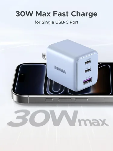 Vista 3 de UGREEN 3-Port 30W USB C Charger, GaN II Compact iPhone Charger Fast Charging, Type C Power Adapter for iPhone 17/16/15 Series, Galaxy S26/S25/24