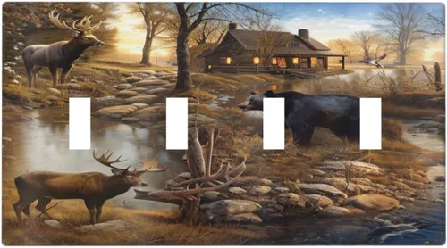 Vista 74 de Bear Moose Lodge Woodland - Placa de interruptor de luz dúplex individual de 1 banda, cubierta de salida decorativa de pared, placa frontal