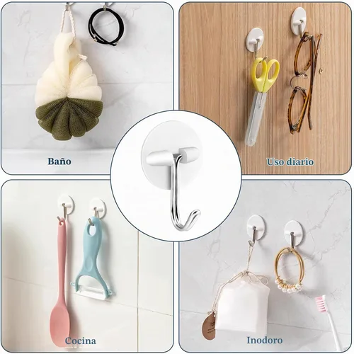 Vista 7 de 24 ganchos redondos de plástico, pequeños ganchos autoadhesivos para colgar, blanco, impermeable y a prueba de aceite para utensilios de cocina