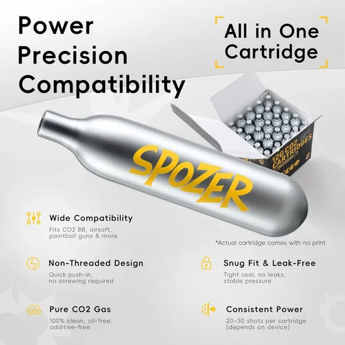 Vista 2 de Spozer - Cartuchos de CO2 de 12g – Paquete de 25, ajuste cómodo sin rosca, compatible con pistolas de balines CO2, armas de aire, pistolas de aire
