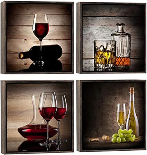 Vista 9 de Wieco Art Copas de vino tinto, arte moderno de pared para cocina, comedor, decoración de pared, 4 paneles, impresiones abstractas en lienzo, obras