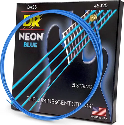 DR Strings NBB5-45 Cuerdas de bajo de 5 cuerdas de color azul neón de alta definición, medianas, 45-125
