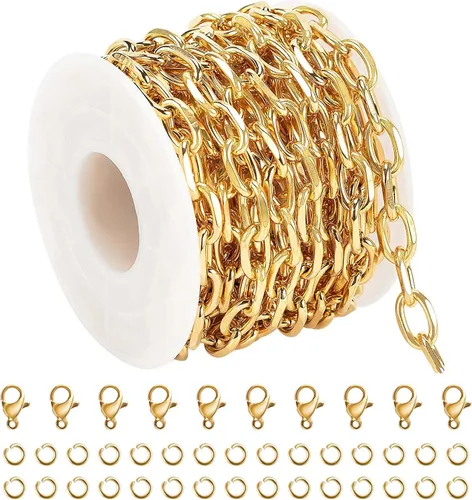 Vista 11 de UMAOKANG Cadenas chapadas en oro de 16.4 pies para hacer joyas, cable de acero inoxidable, rollo de cadena de joyería con accesorios de joyería