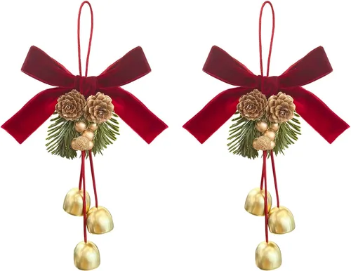 2 PIEZAS Lazos Rojos de Navidad con Campanas y Piña Agujas de Pino Colgantes Adorno para la Punta del Árbol de Navidad Corona de Navidad Adornos
