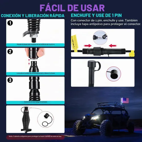 Vista 5 de Nilight Luz LED para látigo, 1 antena COB RGB de 2 pies con base de resorte, aplicación Bluetooth y control remoto, patrones de persecución