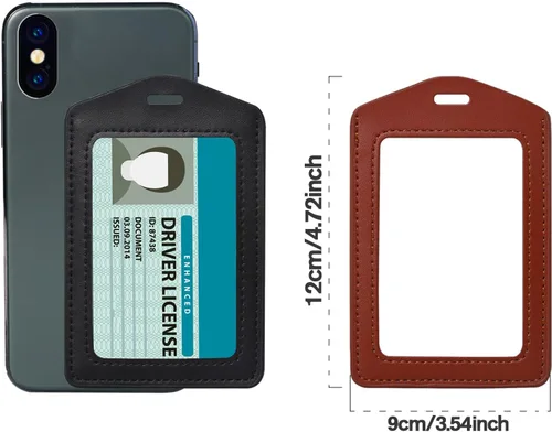Vista 6 de Paquete de 2 portatarjetas de identificación de cuero auténtico, soportes verticales para tarjetas de identificación con ventana transparente