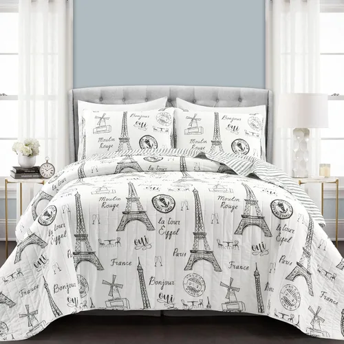 Vista 2 de Lush Decor Paris Bonjour - Juego de edredón reversible de algodón de 3 piezas, tamaño King, color blanco y negro